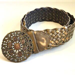 New Boho Belt Bronze & Gold Braided Vegan Leather w Jeweled Medallion Buckle L